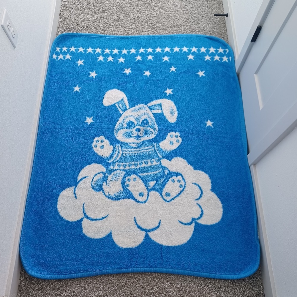 Vintage San Marcos Baby Blanket Rabbit Bunny Cloud Stars Reversible Blue 49"x42"